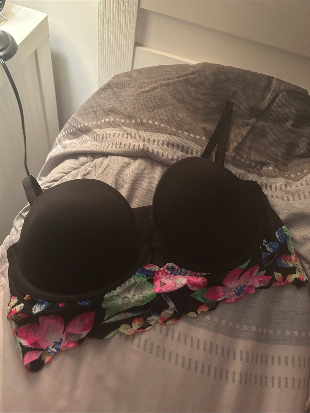 PINK Victoria's Secret Black Push-Up Bra with Bright Floral Lace